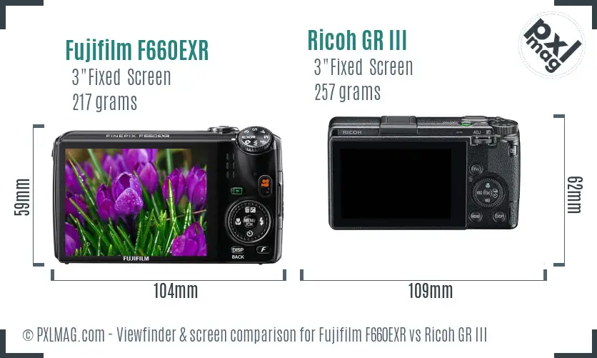 Fujifilm F660EXR vs Ricoh GR III Screen and Viewfinder comparison