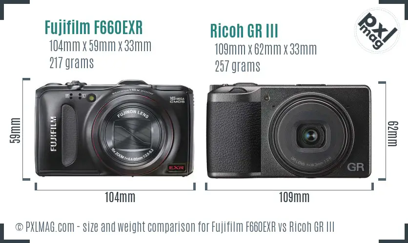Fujifilm F660EXR vs Ricoh GR III size comparison