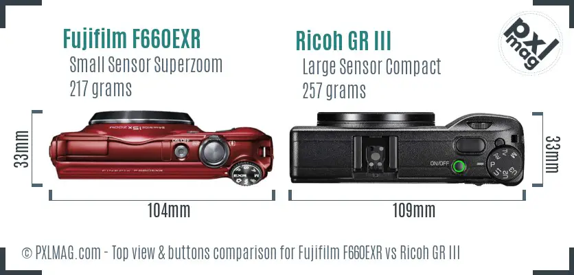 Fujifilm F660EXR vs Ricoh GR III top view buttons comparison