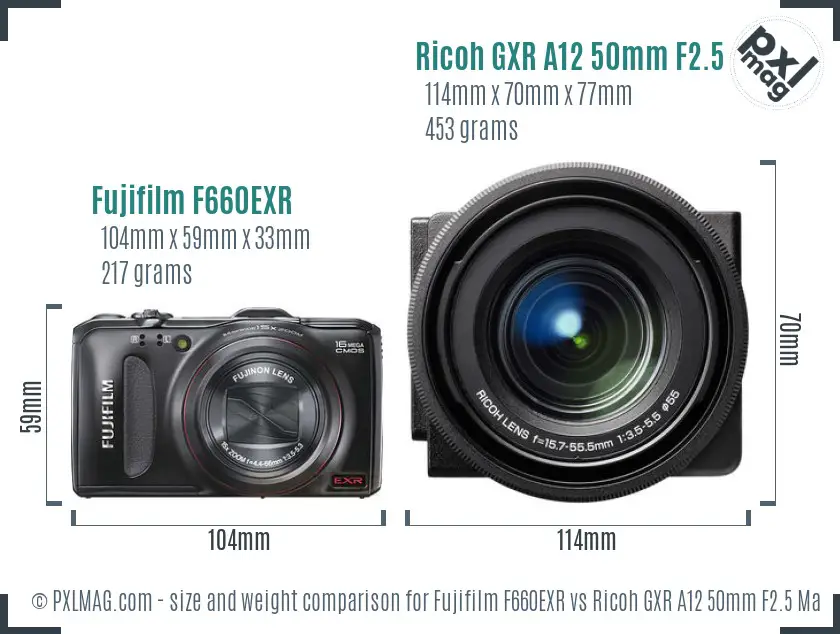 Fujifilm F660EXR vs Ricoh GXR A12 50mm F2.5 Macro size comparison Fujifilm F660EXR vs Ricoh GXR A12 50mm F2.5 Macro size comparison