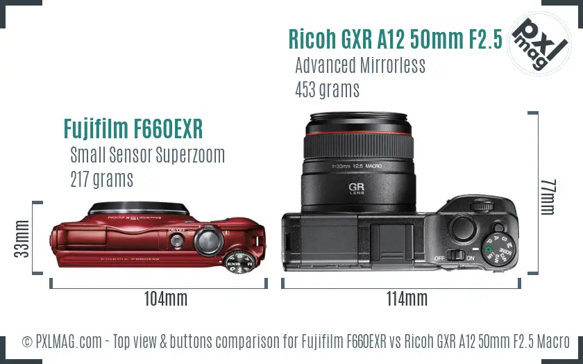 Fujifilm F660EXR vs Ricoh GXR A12 50mm F2.5 Macro top view buttons comparison Fujifilm F660EXR vs Ricoh GXR A12 50mm F2.5 Macro top view buttons comparison
