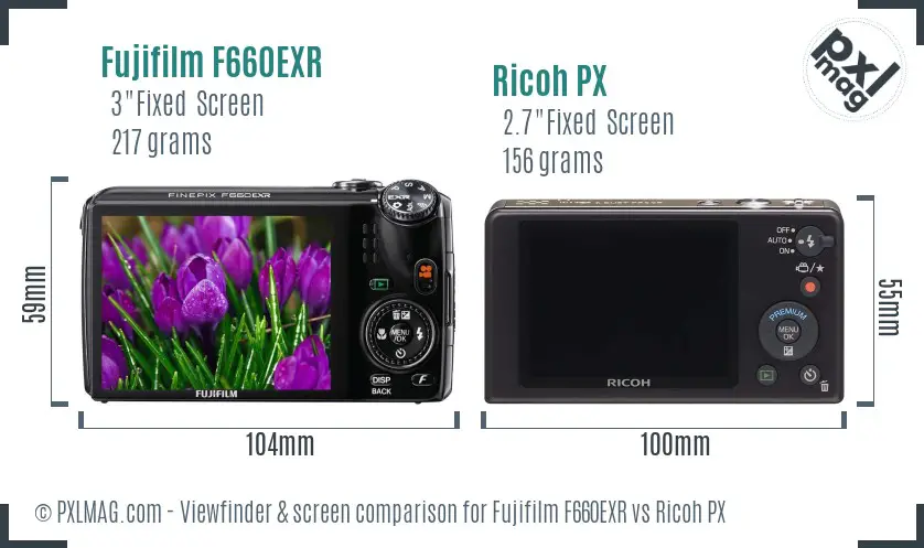 Fujifilm F660EXR vs Ricoh PX Screen and Viewfinder comparison Fujifilm F660EXR vs Ricoh PX Screen and Viewfinder comparison