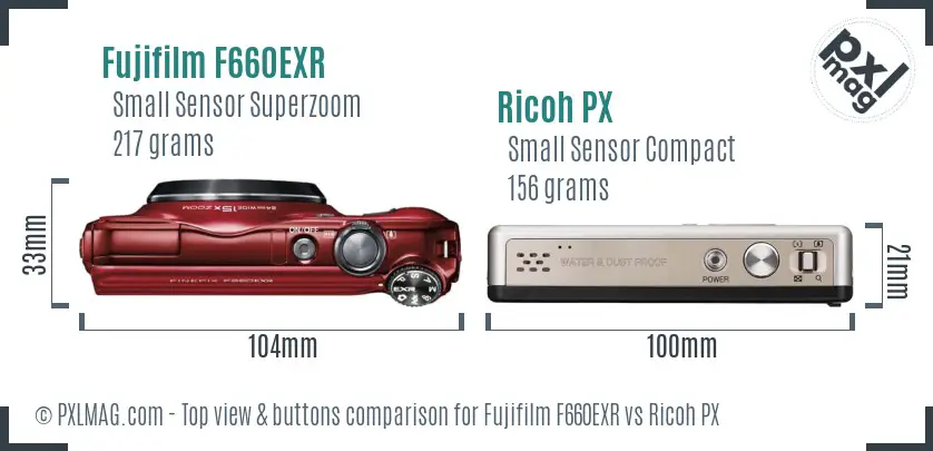 Fujifilm F660EXR vs Ricoh PX top view buttons comparison Fujifilm F660EXR vs Ricoh PX top view buttons comparison