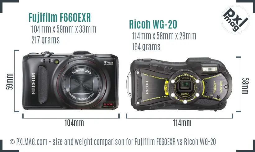 Fujifilm F660EXR vs Ricoh WG-20 size comparison
