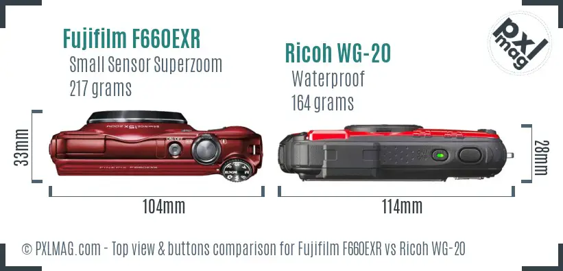 Fujifilm F660EXR vs Ricoh WG-20 top view buttons comparison