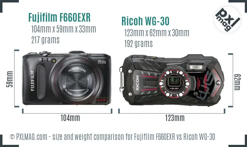 Fujifilm F660EXR vs Ricoh WG-30 size comparison