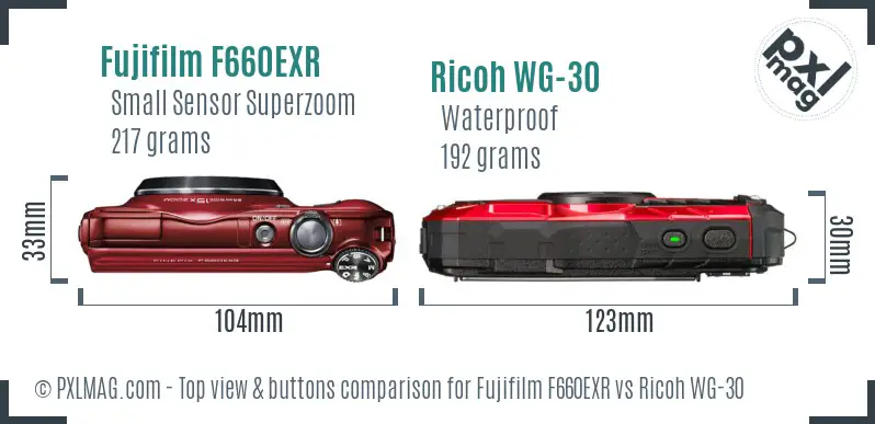 Fujifilm F660EXR vs Ricoh WG-30 top view buttons comparison