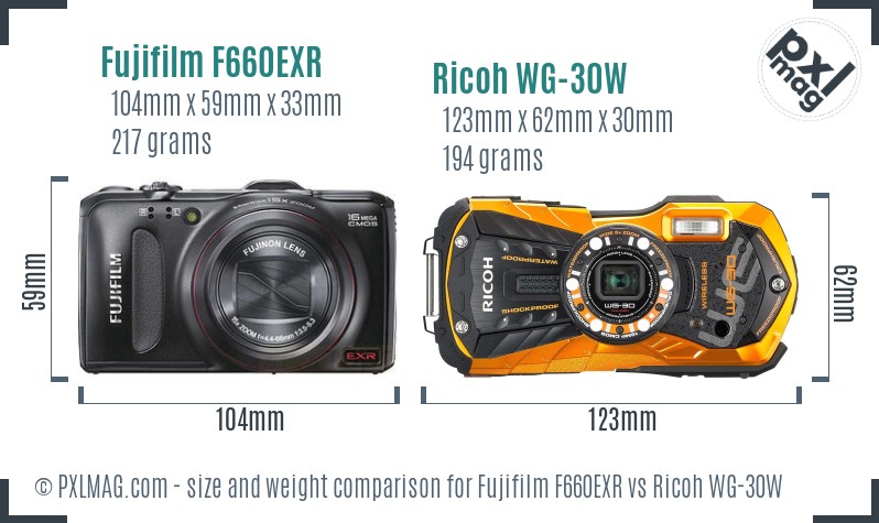 Fujifilm F660EXR vs Ricoh WG-30W size comparison