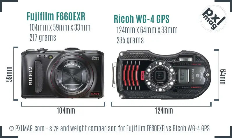 Fujifilm F660EXR vs Ricoh WG-4 GPS size comparison Fujifilm F660EXR vs Ricoh WG-4 GPS size comparison