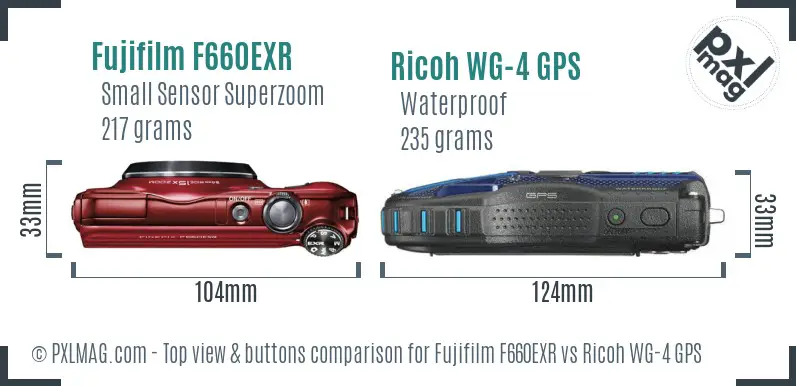 Fujifilm F660EXR vs Ricoh WG-4 GPS top view buttons comparison