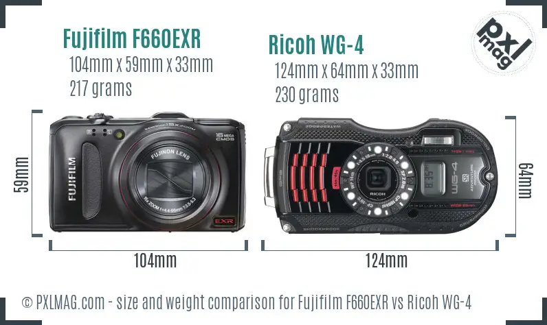 Fujifilm F660EXR vs Ricoh WG-4 size comparison