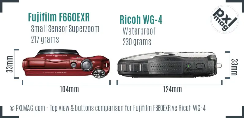 Fujifilm F660EXR vs Ricoh WG-4 top view buttons comparison