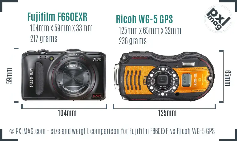 Fujifilm F660EXR vs Ricoh WG-5 GPS size comparison