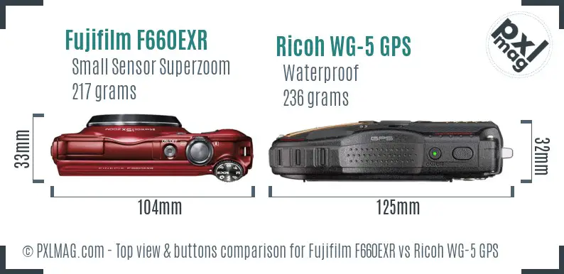 Fujifilm F660EXR vs Ricoh WG-5 GPS top view buttons comparison