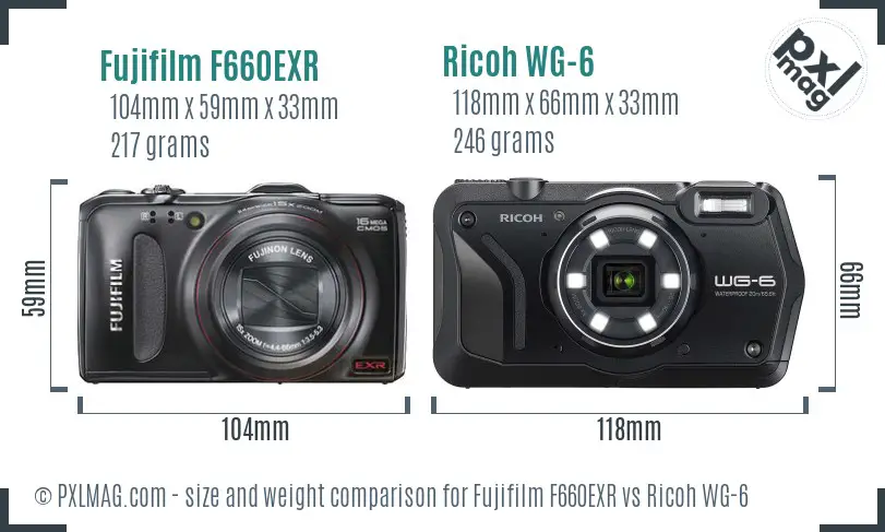 Fujifilm F660EXR vs Ricoh WG-6 size comparison