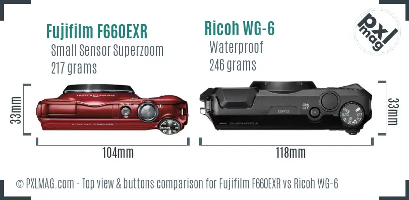 Fujifilm F660EXR vs Ricoh WG-6 top view buttons comparison