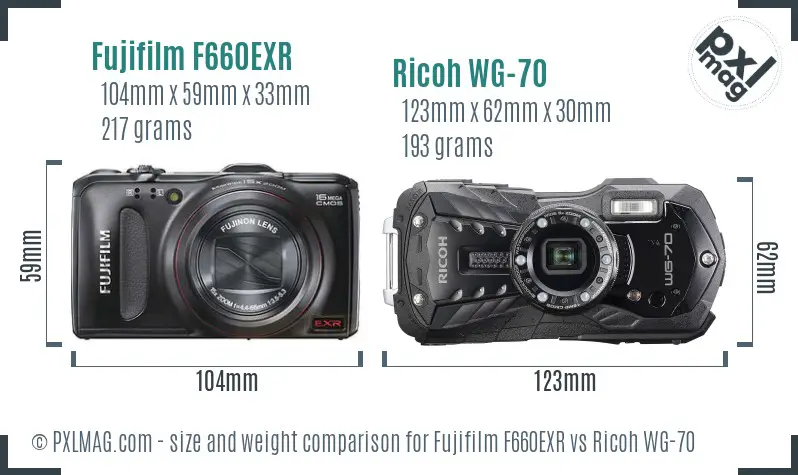 Fujifilm F660EXR vs Ricoh WG-70 size comparison