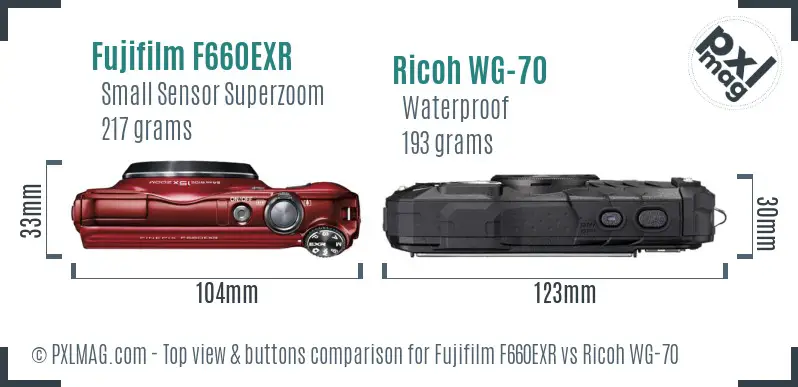 Fujifilm F660EXR vs Ricoh WG-70 top view buttons comparison