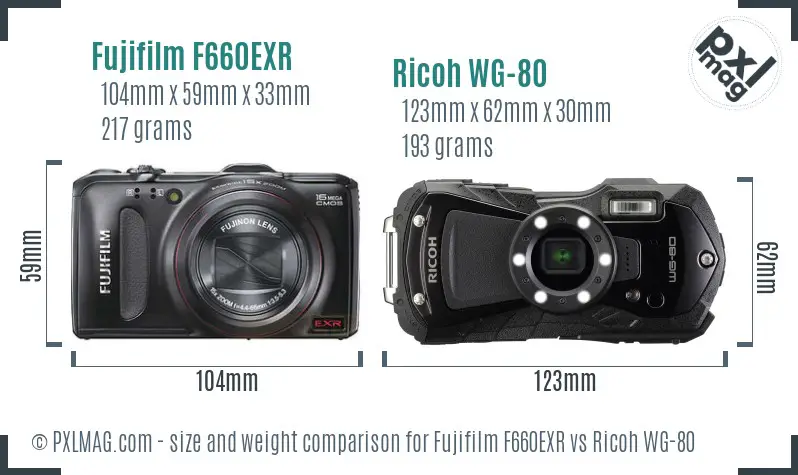 Fujifilm F660EXR vs Ricoh WG-80 size comparison Fujifilm F660EXR vs Ricoh WG-80 size comparison