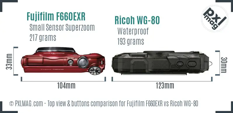 Fujifilm F660EXR vs Ricoh WG-80 top view buttons comparison