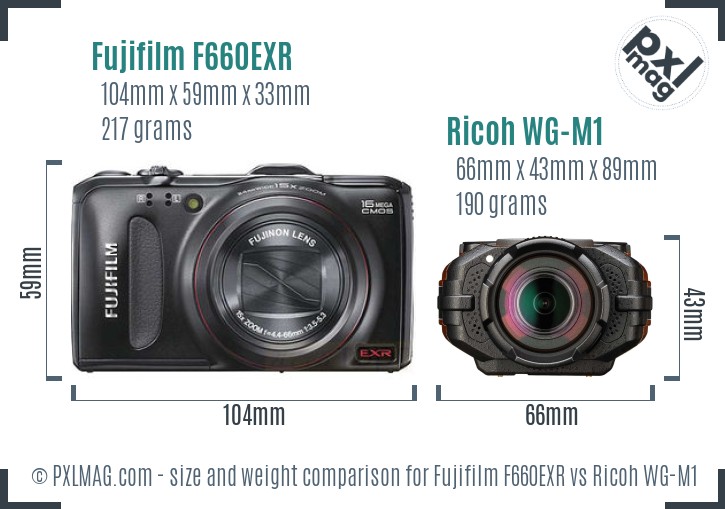 Fujifilm F660EXR vs Ricoh WG-M1 size comparison