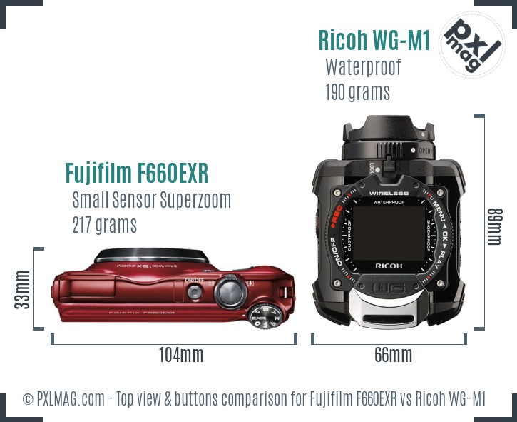 Fujifilm F660EXR vs Ricoh WG-M1 top view buttons comparison