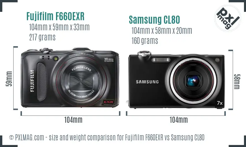 Fujifilm F660EXR vs Samsung CL80 size comparison