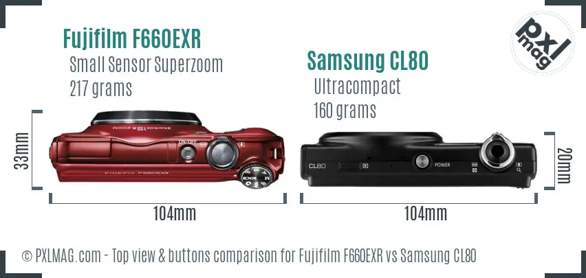 Fujifilm F660EXR vs Samsung CL80 top view buttons comparison