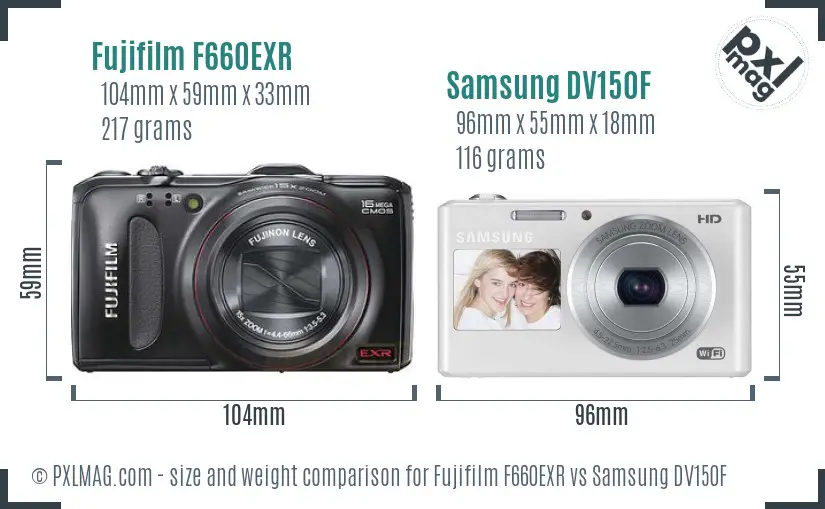 Fujifilm F660EXR vs Samsung DV150F size comparison