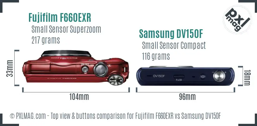 Fujifilm F660EXR vs Samsung DV150F top view buttons comparison