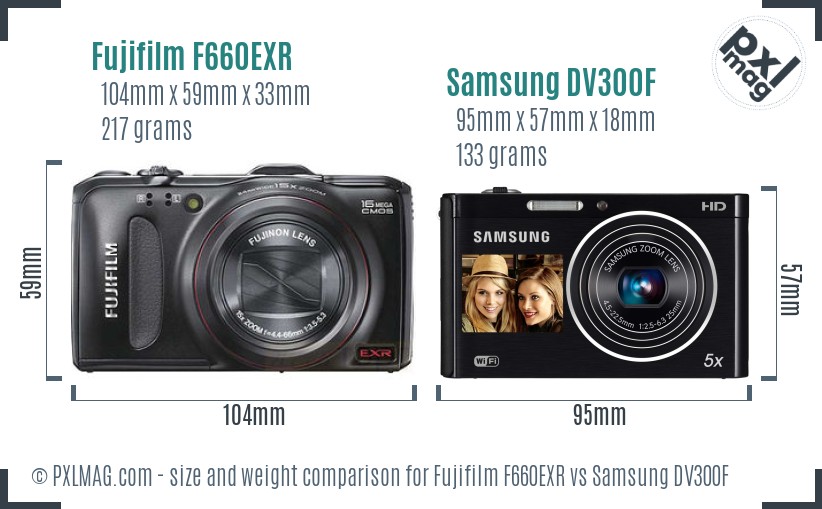 Fujifilm F660EXR vs Samsung DV300F size comparison