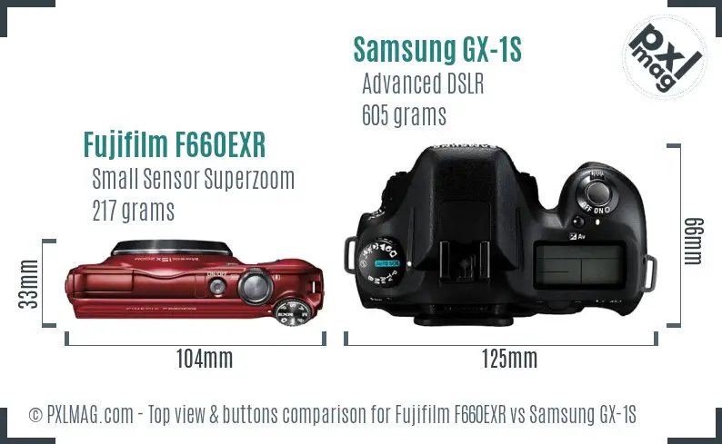 Fujifilm F660EXR vs Samsung GX-1S top view buttons comparison