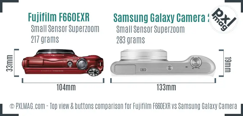 Fujifilm F660EXR vs Samsung Galaxy Camera 2 top view buttons comparison Fujifilm F660EXR vs Samsung Galaxy Camera 2 top view buttons comparison