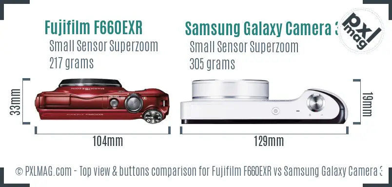 Fujifilm F660EXR vs Samsung Galaxy Camera 3G top view buttons comparison