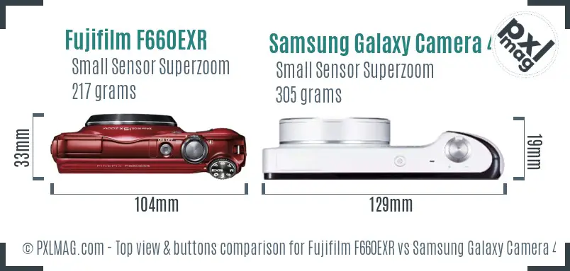 Fujifilm F660EXR vs Samsung Galaxy Camera 4G top view buttons comparison Fujifilm F660EXR vs Samsung Galaxy Camera 4G top view buttons comparison