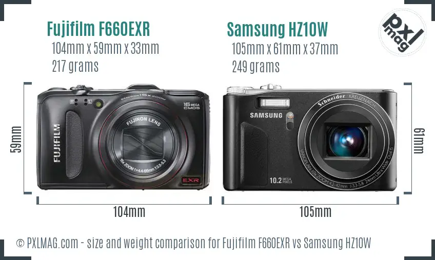 Fujifilm F660EXR vs Samsung HZ10W size comparison