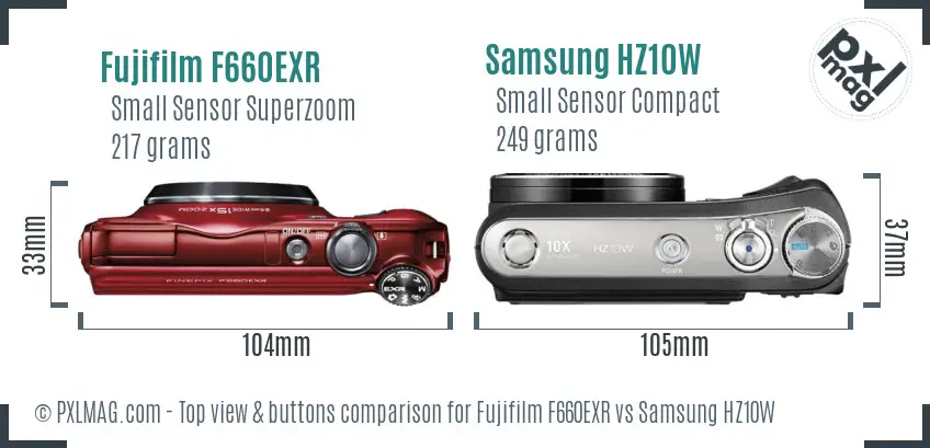 Fujifilm F660EXR vs Samsung HZ10W top view buttons comparison