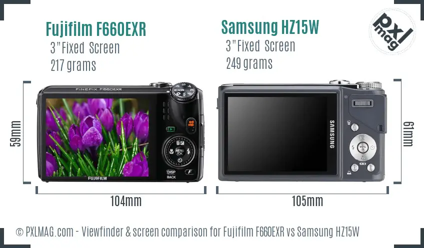Fujifilm F660EXR vs Samsung HZ15W Screen and Viewfinder comparison