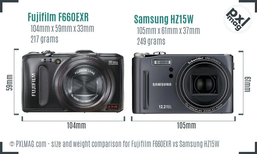 Fujifilm F660EXR vs Samsung HZ15W size comparison