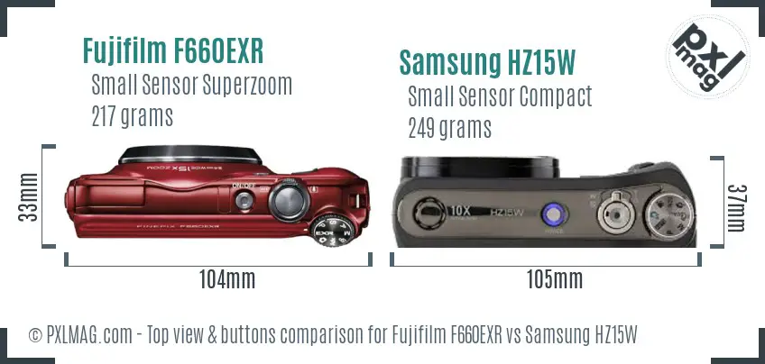 Fujifilm F660EXR vs Samsung HZ15W top view buttons comparison