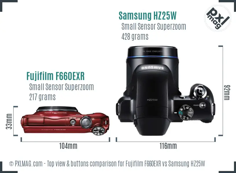 Fujifilm F660EXR vs Samsung HZ25W top view buttons comparison