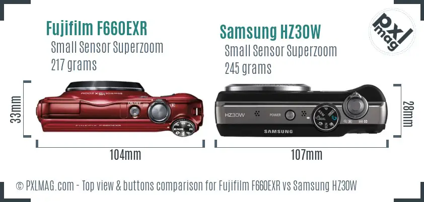 Fujifilm F660EXR vs Samsung HZ30W top view buttons comparison Fujifilm F660EXR vs Samsung HZ30W top view buttons comparison