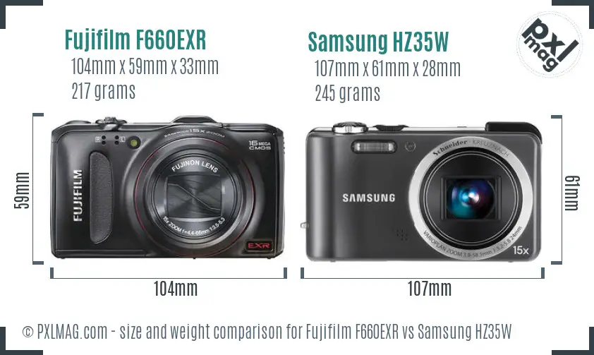 Fujifilm F660EXR vs Samsung HZ35W size comparison