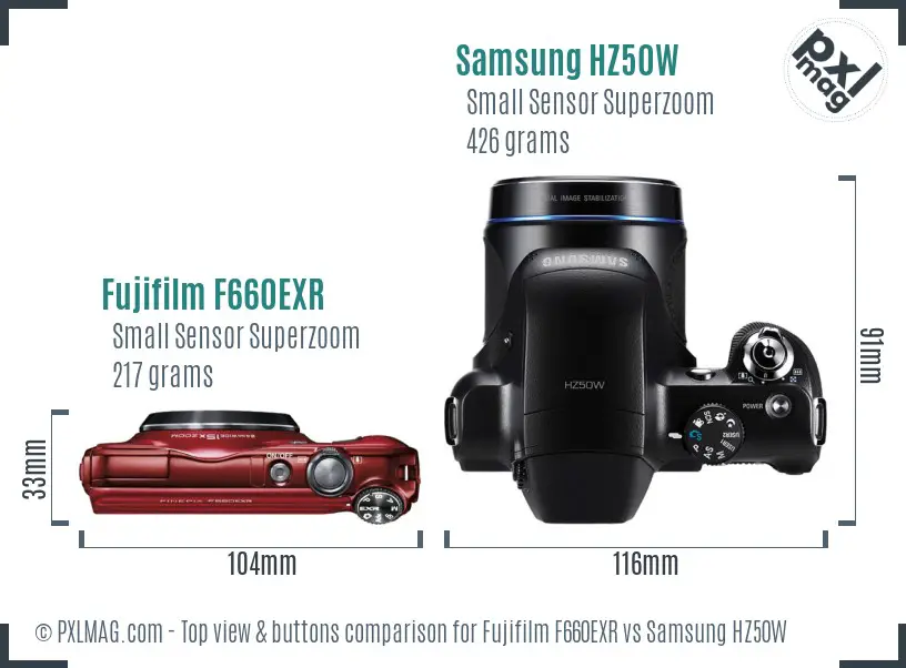 Fujifilm F660EXR vs Samsung HZ50W top view buttons comparison
