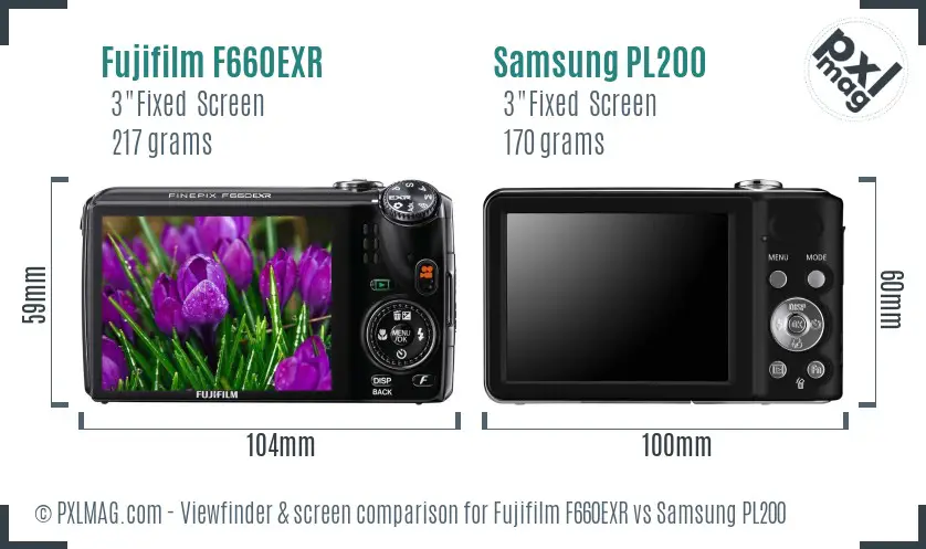 Fujifilm F660EXR vs Samsung PL200 Screen and Viewfinder comparison