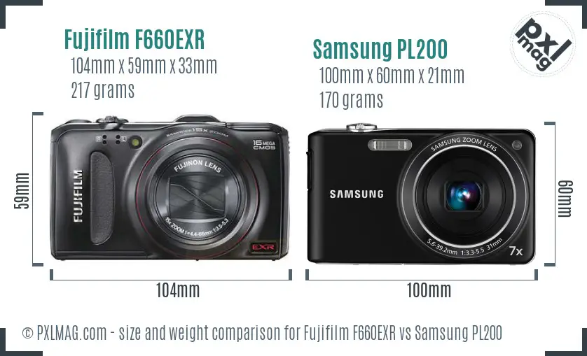 Fujifilm F660EXR vs Samsung PL200 size comparison