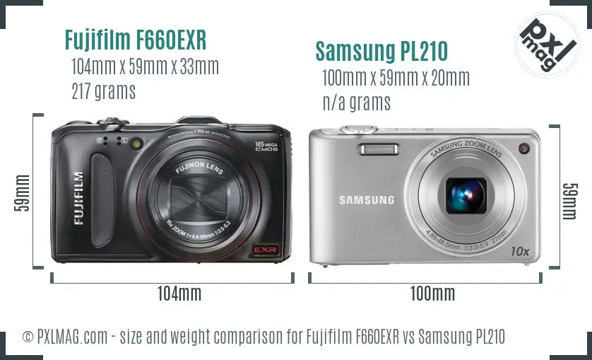 Fujifilm F660EXR vs Samsung PL210 size comparison