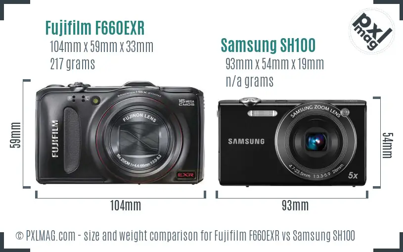 Fujifilm F660EXR vs Samsung SH100 size comparison