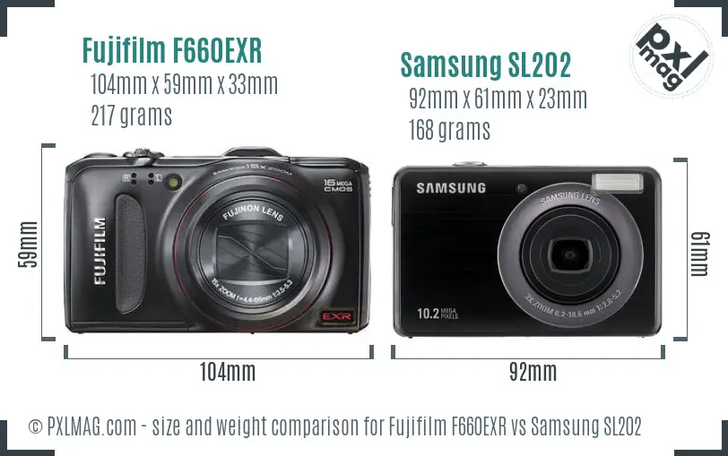 Fujifilm F660EXR vs Samsung SL202 size comparison