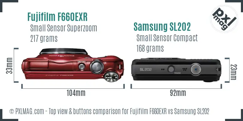 Fujifilm F660EXR vs Samsung SL202 top view buttons comparison